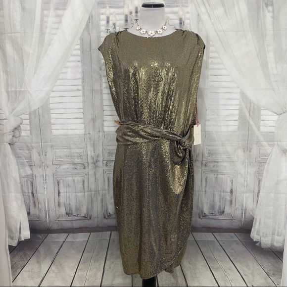 Alex Marie Dress Sequins Metallic Gold Black Sleeveless Faux Wrap Gown Formal - Picture 2 of 13
